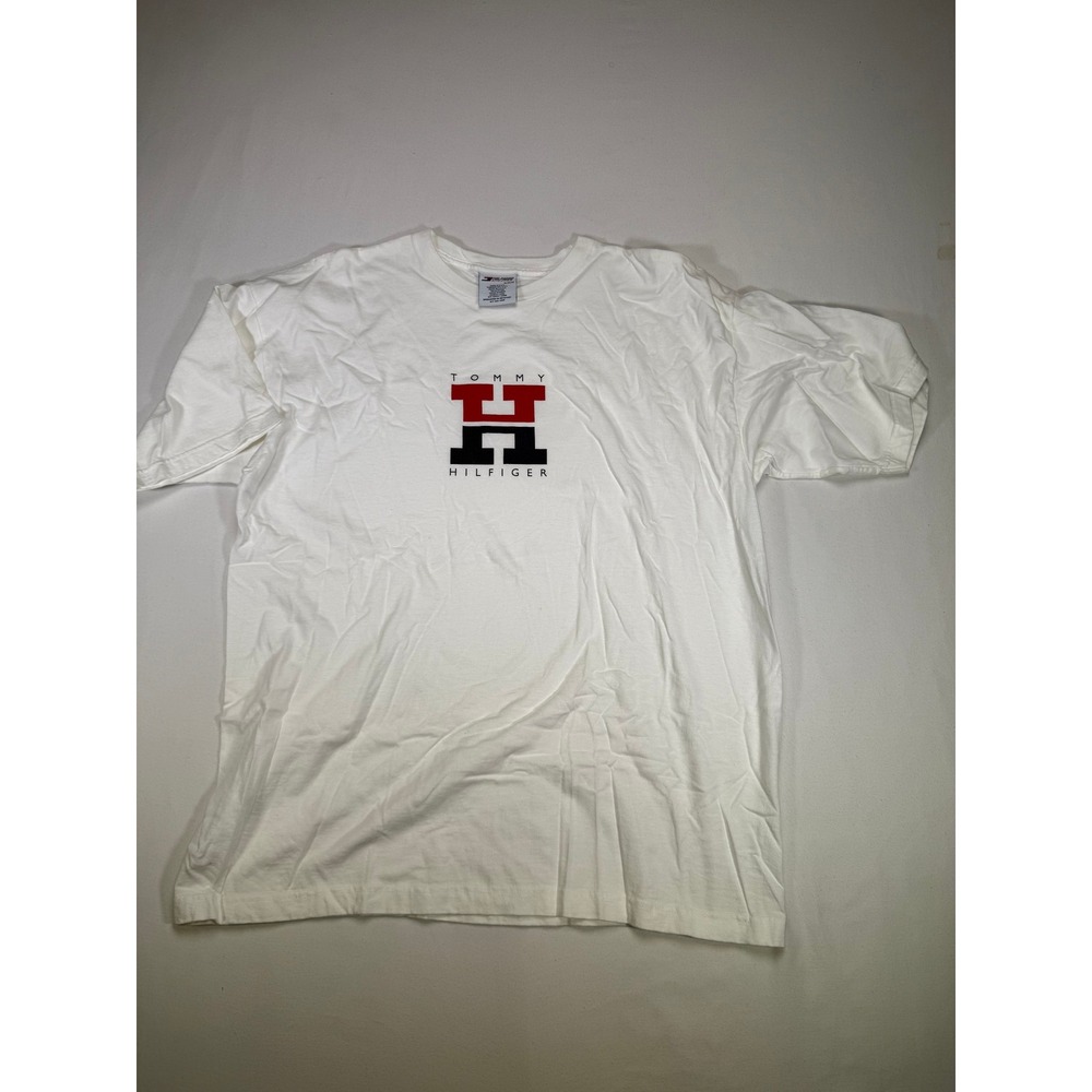 Tommy Hilfiger Athletics T Shirt XL Vintage Graphic Logo USA Made White